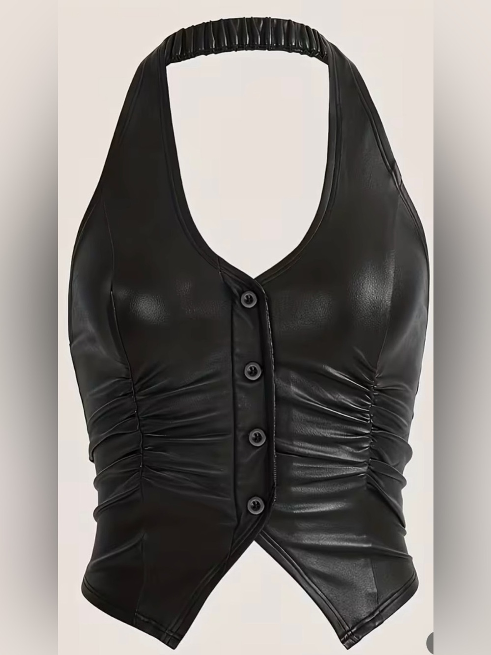 Sleek Black Faux-Leather Halter Button Front Top